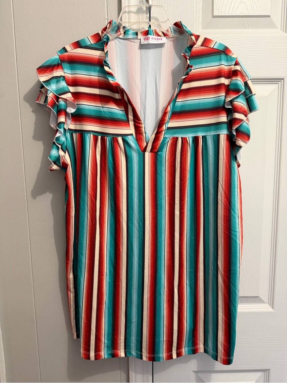 Ruffled V-Neck Striped Blouse in Turquoise & Red
